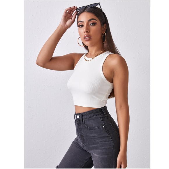Rib-Knit White High Neck Crop Tank Top - Picture 10 of 16